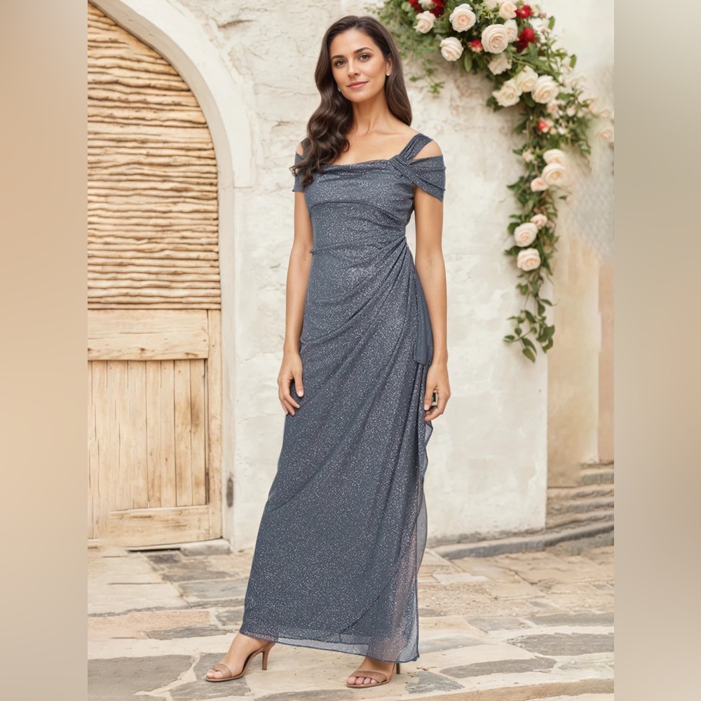 BNWT Alex Evenings Cold Shoulder Draped Asymmetrical Starry Smoke Dress size 8